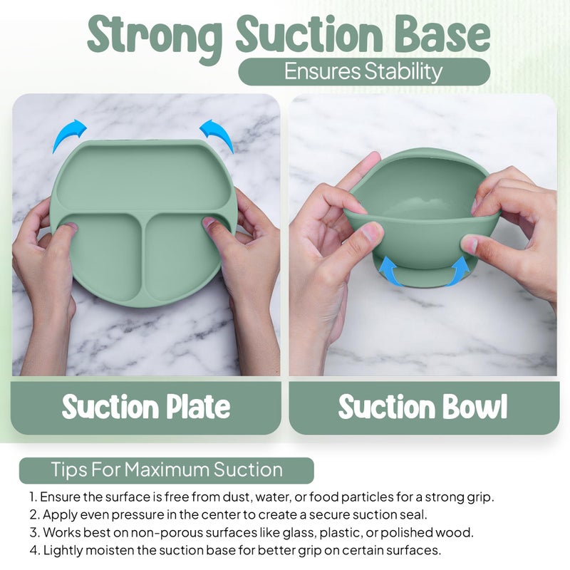 O'doe 11-Piece BPA-Free Silicone Baby Feeding Set | Thick & Soft Suction Plates, Baby Bowls, Wooden Fork & Spoon, and More | Make Mealtime Fun and Easy for Your Little One (Green, V1) - Image 3